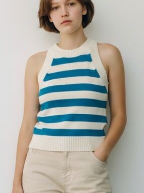 NWT Trina Turk Marquita Blue & Ivory Striped Halter Knit Tank Top, Size Small